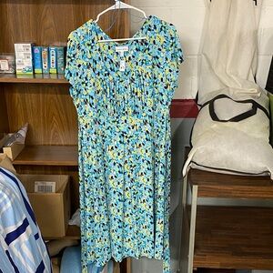 Fashion Bug Vibrant Blue and Yellow Patterned Shirt Sleeve Dress Sz XL